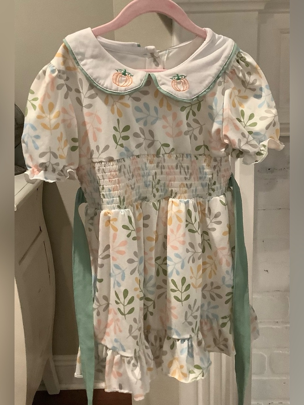 Smocked Pastel Leaf Print Dress with Embroidered Collar, Fall,Pumpkins